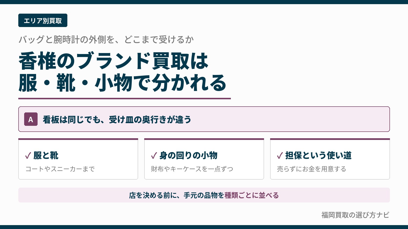 香椎駅前のブランド買取｜服・靴・小物の受け方で3軒を比べる図解（福岡買取の選び方ナビ）
