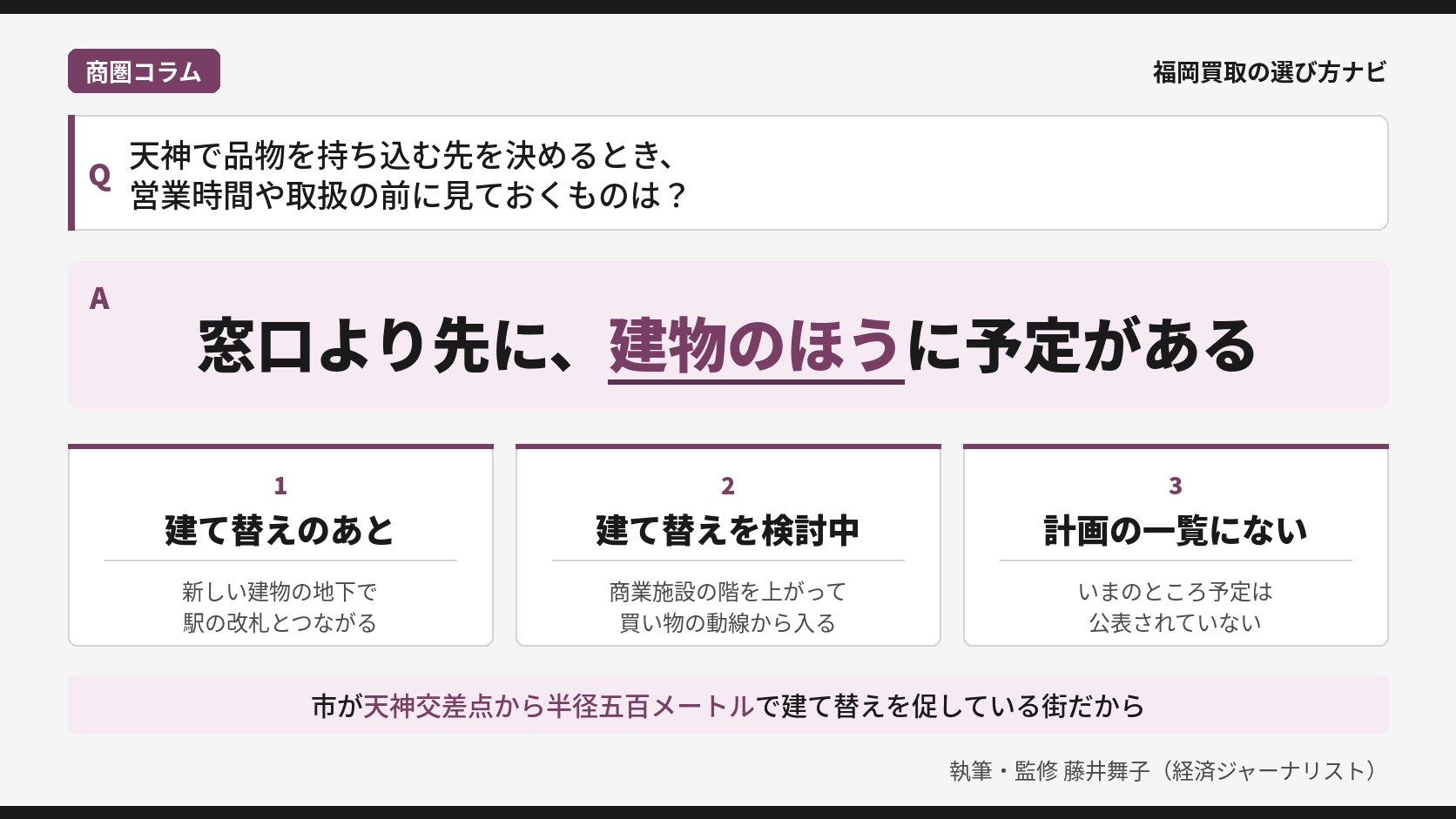 天神の買取商圏コラム｜天神の買取窓口を、建て替えのあと・建て替えを検討中・計画の一覧にないの三つに分けて解説するインフォグラフィック